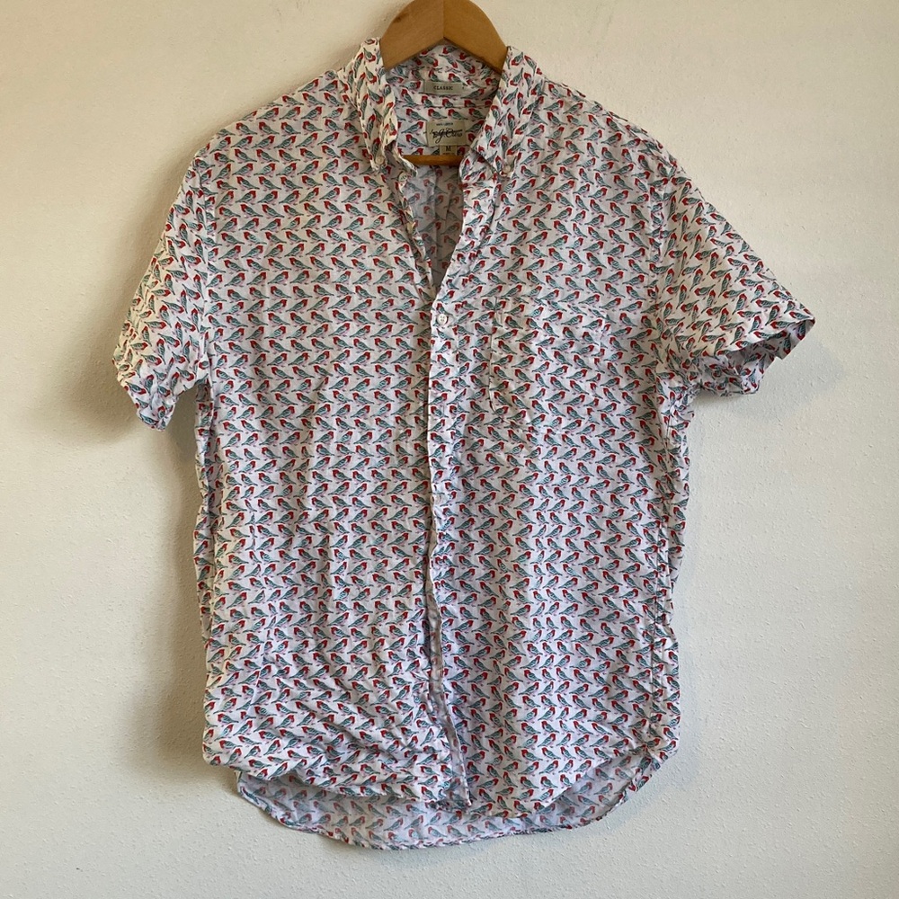 J. Crew White Short Sleeve Button-Up with Red & Blue Print